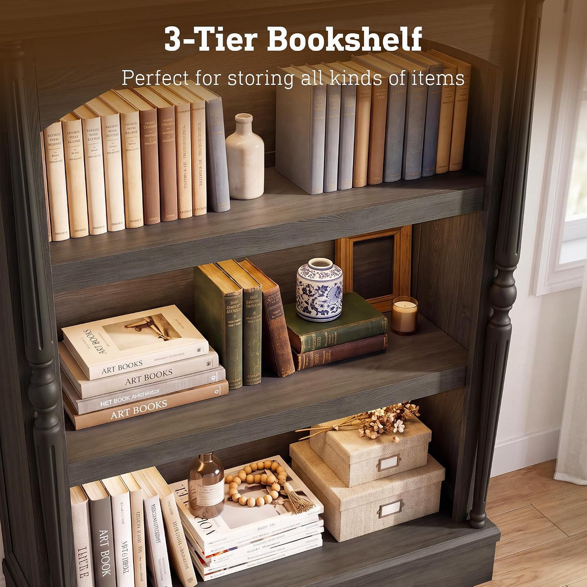 3-Tier Arched Bookcase with LED Lights Set of 2,Farmhouse Bookshelf, Black