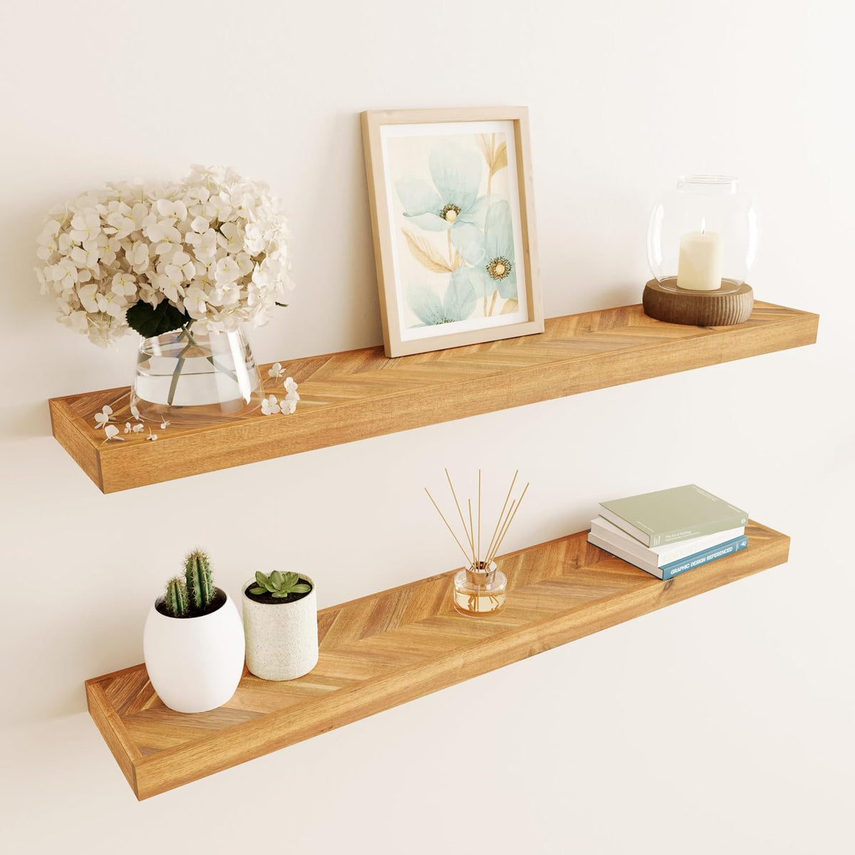 Howizz 36" Acacia Chevron Floating Shelves Set of 2 - Wall Mounted Woode...