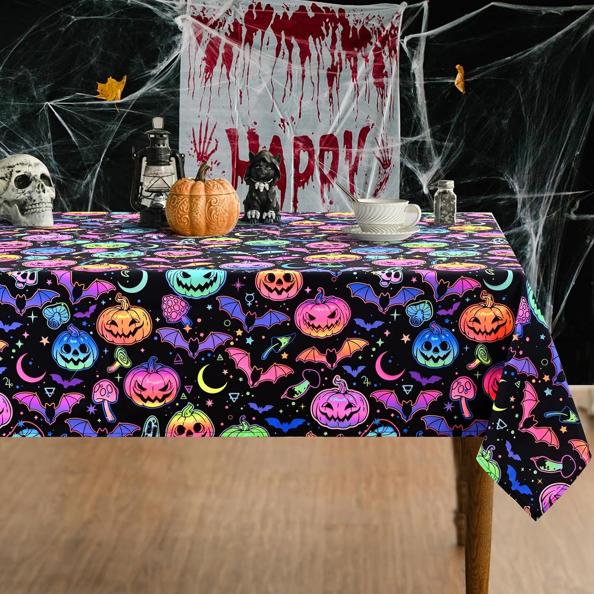 ASPMIZ Halloween Tablecloth Rectangle Table, Waterproof Blacklight Spooky Pum...
