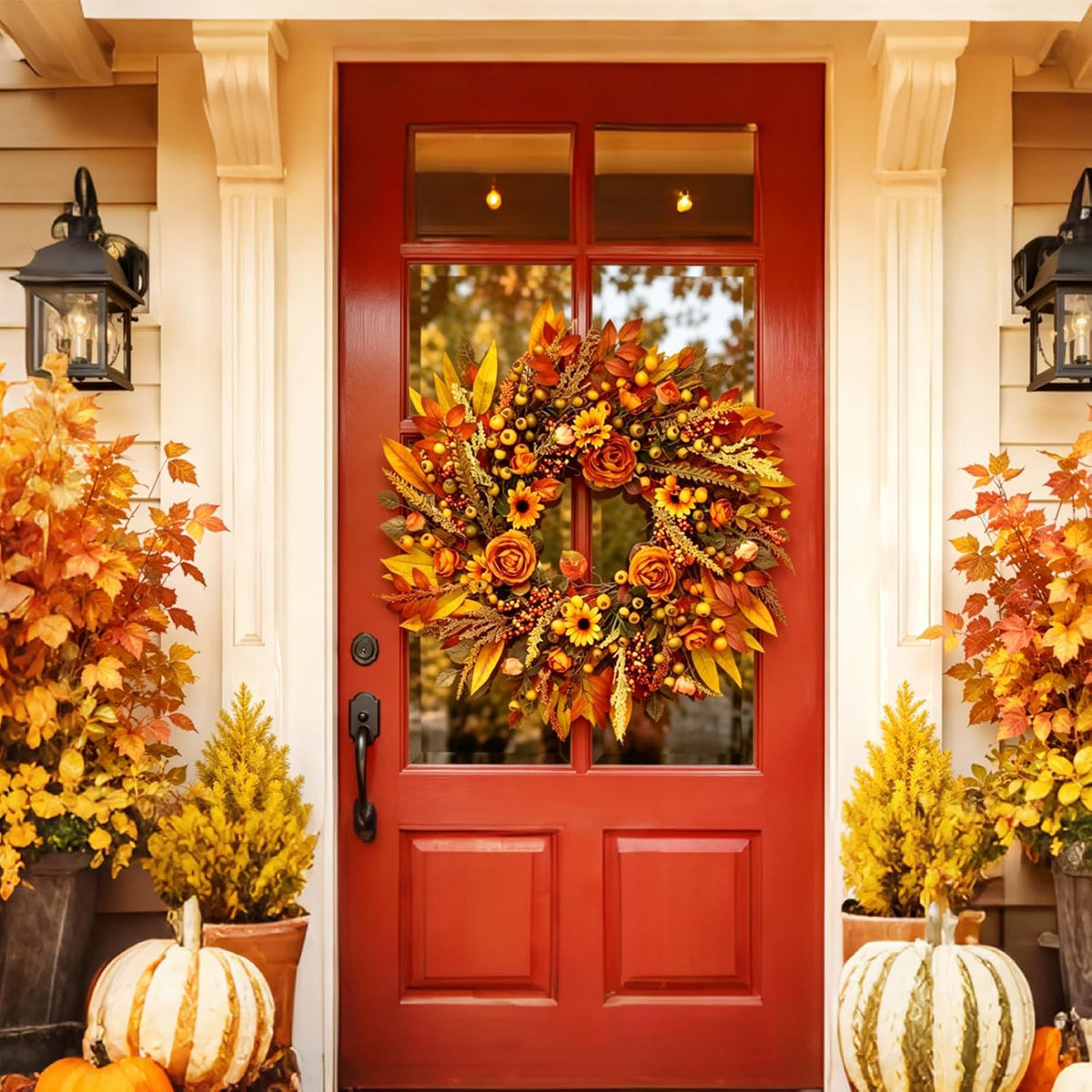 Fall Wreath for Front Door 26 Inch, Autumn Harvest Wreath Sunflowers Roses Ac...