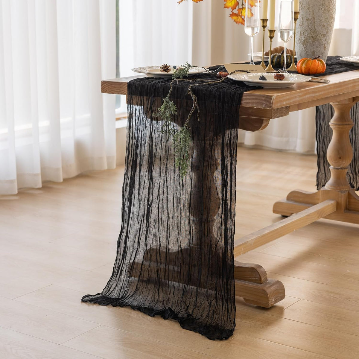 6Pcs Halloween Holiday Black Cheesecloth Table Runner 120 Inch for Decor