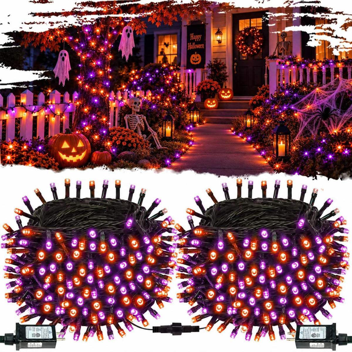 OZS Connectable 2-Pack 164Ft 400LED Halloween String Lights, Purple&Orange