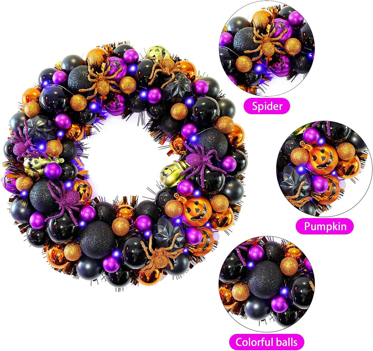 HipTree 17 Inch Halloween Ball Wreath for Front Door with Lights
