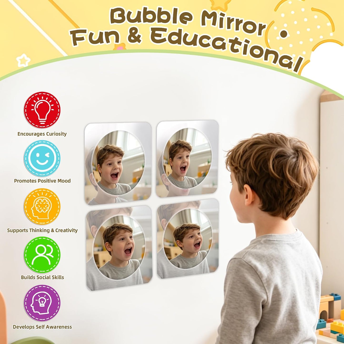 Large Shatterproof 10" Acrylic Wall Mirror with LifetimeWarranty, Bubble Lens Easy-Clean Smudge-Resistant Surface, No-Tool Wall Mount for Nursery Daycare Playroom Montessori Classroom, 4PACK