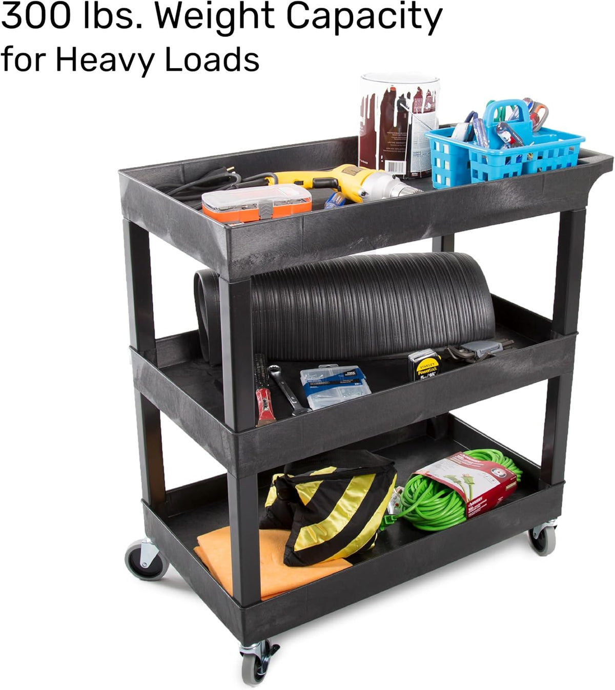 Tubstr 3-Tier Rolling Utility Cart with Wheels | Durable Tool Cart with Locki...