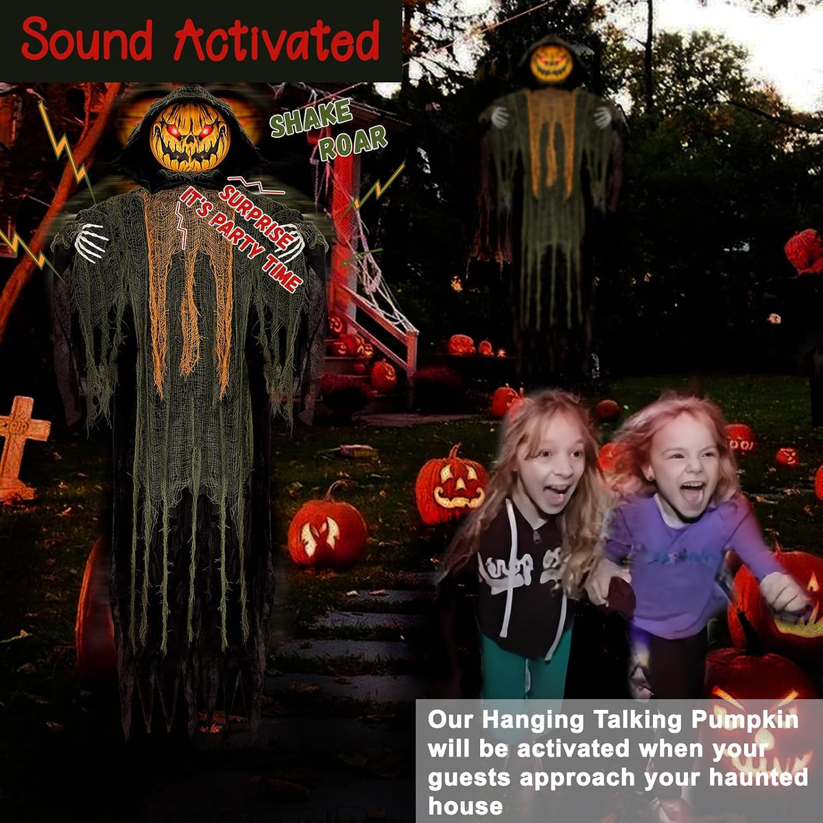 59โ Halloween Hanging Animatronics Pumpkin Decoration with Sound Activated