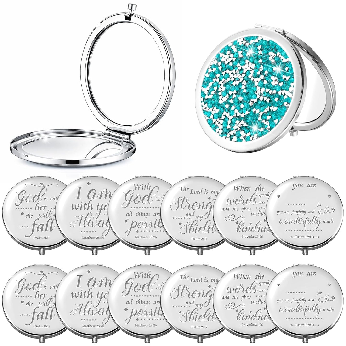 Thyle 12 Pcs Compact Mirror Bulk Gifts Christian Pocket Mirror for Confirmation Favors Catholic VBS Women Bible Verse Wallet Makeup Compact Religious Baptism(Same,Green)
