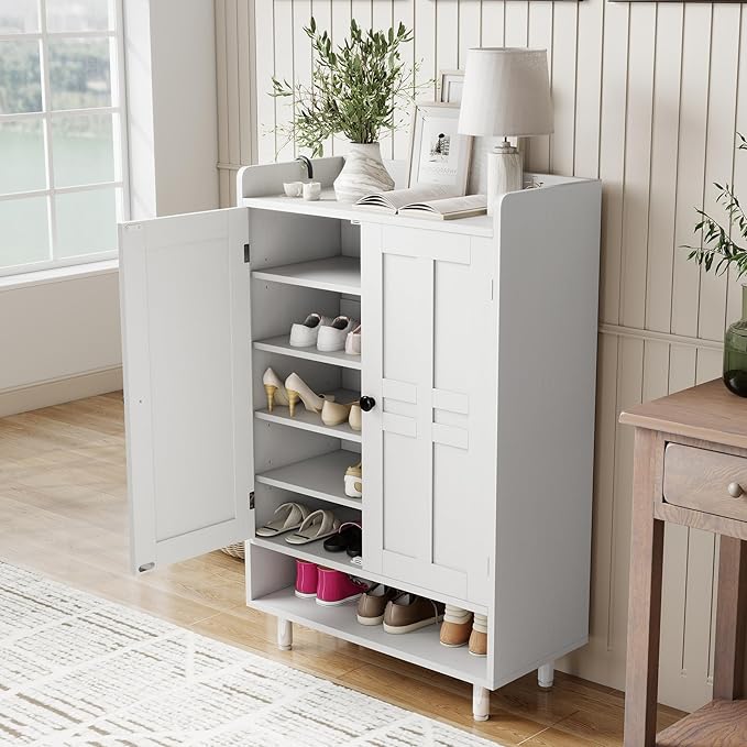 Farmhouse Shoe Cabinet with Doors, 6-Tier Wooden Shoe Organizer with Adjustable - Image 7