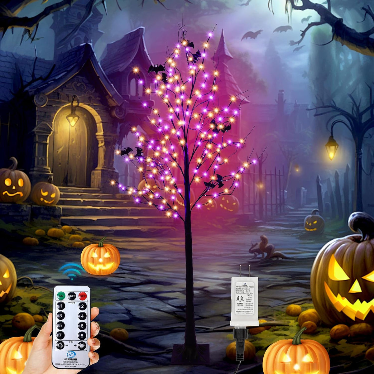 Halloween Lighted Tree with 260 LED Lights, 6FT Black Halloween Tree with Tim...