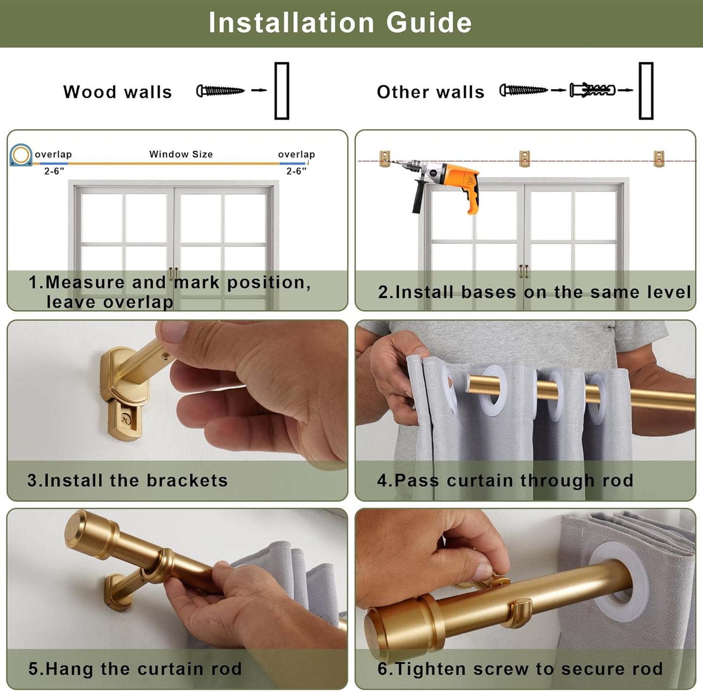 1 1/8 Inch Diameter Curtain Rods 36 to 72 Inches(3-6ft), Telescoping Heavy Duty Large Drapery Rod with Adjustable Aluminum Alloy Bracket, Solid End Caps for Windows Patio Decoration, Brushed Nickel