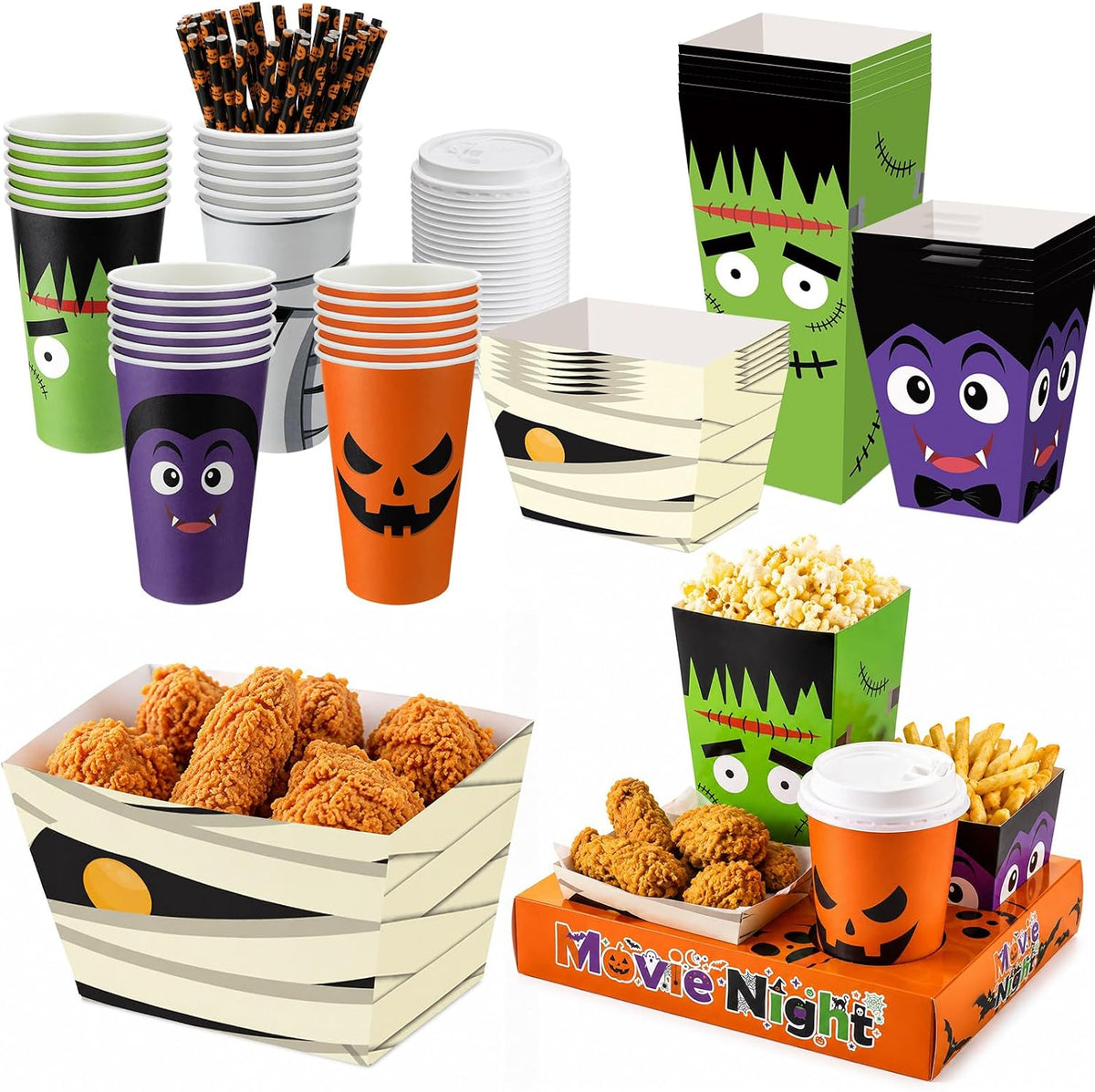Bokon 172 Pcs/ 24 Sets Halloween Movie Night Snack Trays Supplies