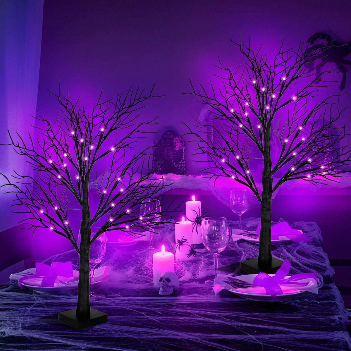 Halloween Decorations Indoor 2 Pack 24 Inch Black Spooky Tree with 48 Purple ...