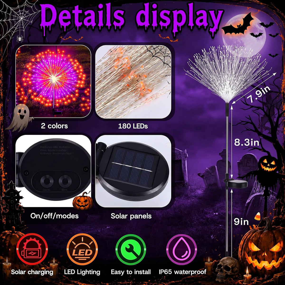 Tujoe 8 Pcs Halloween Solar Firework Stake Lights 180 LED 8 Modes