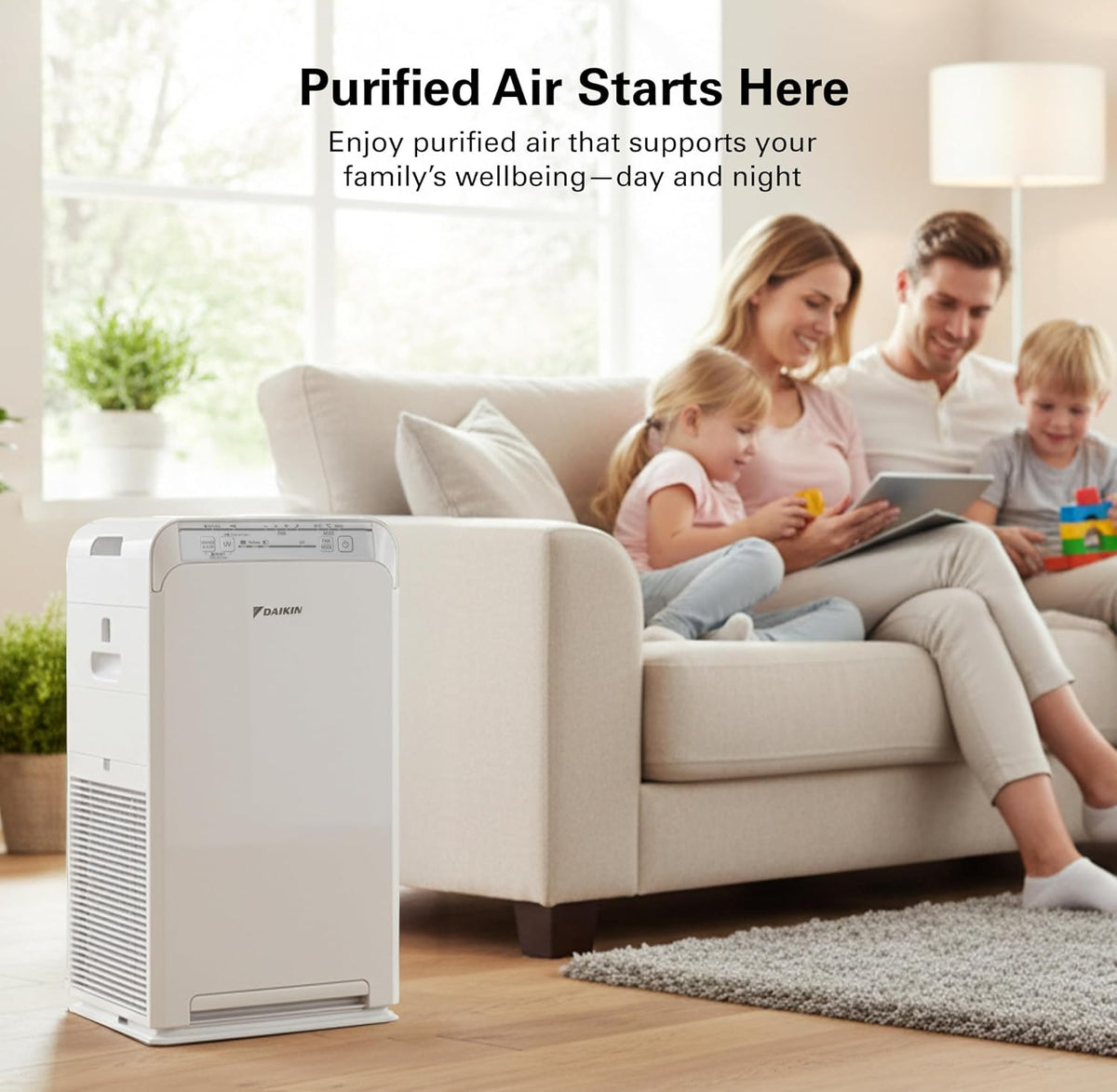 daikin mcb50ysau room air purifier for home, hepa, front angle view