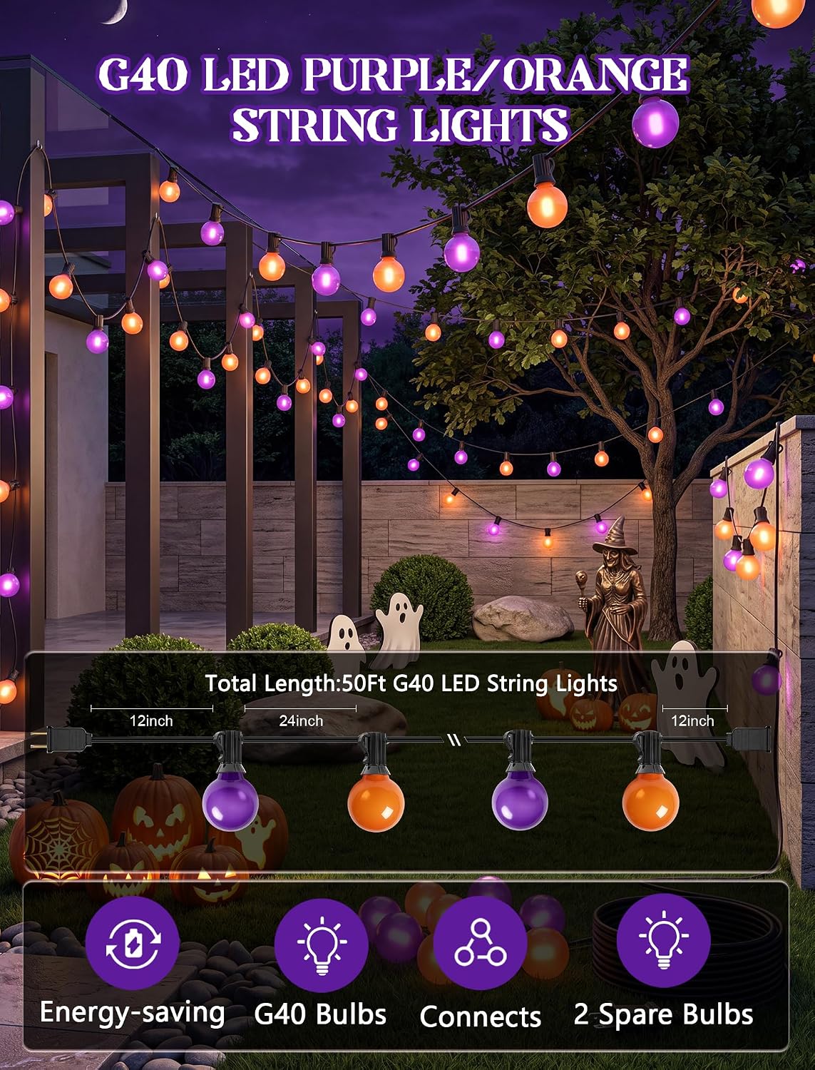 50FT G40 Halloween Orange and Purple Globe String Lights Outdoor Waterproof