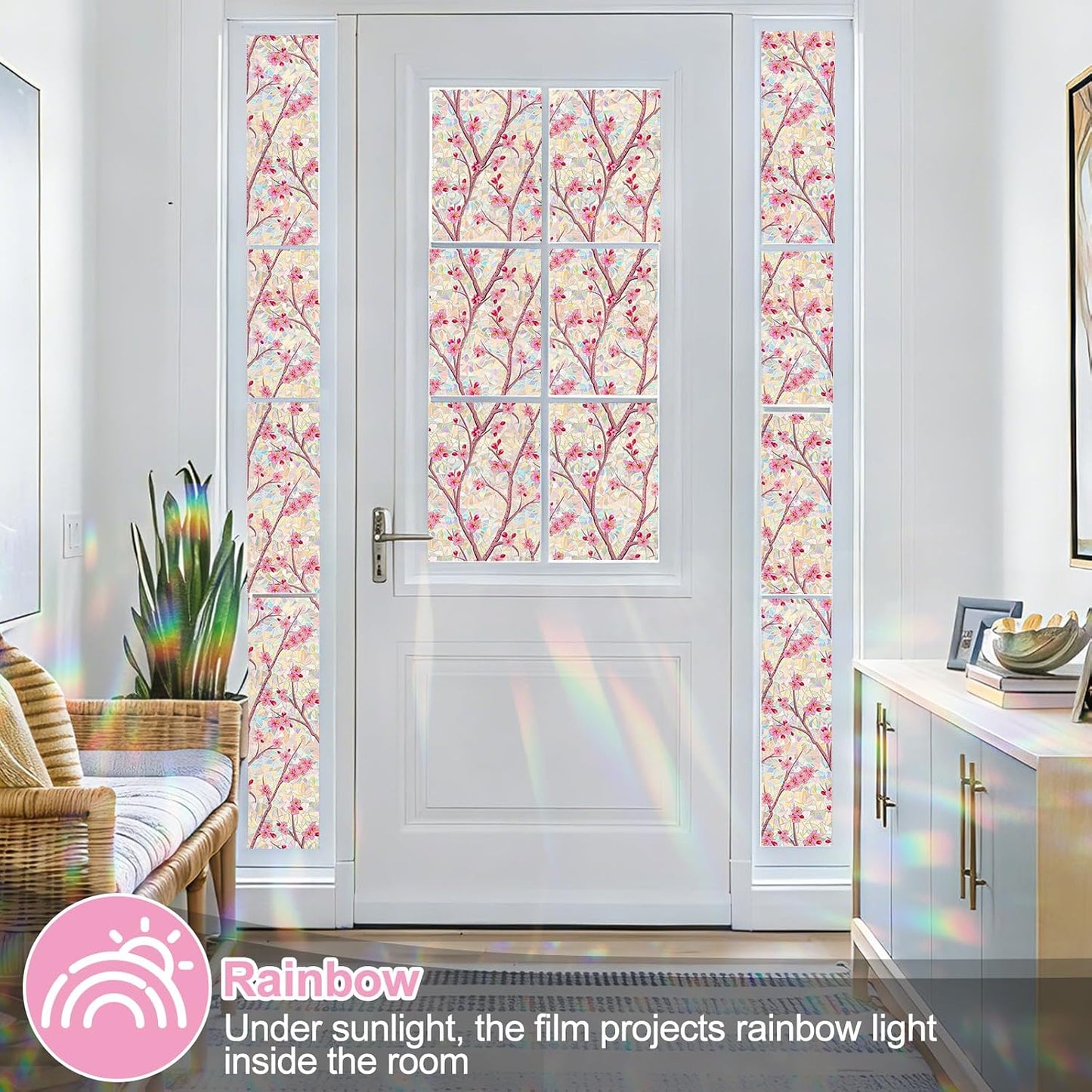 Countewol Stained Glass Privacy Window Film Static Cling Window Film Anti-Glare UV Protection Removable Decorative Window Clings for Home(Rainbow Sakura 78.7" L*17.5" W