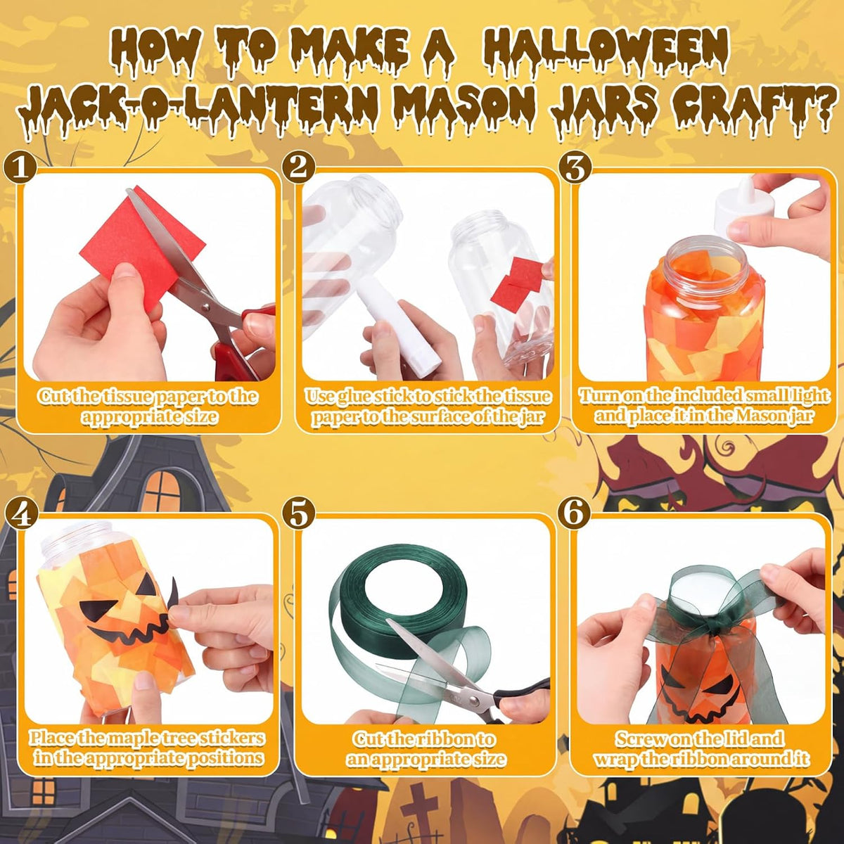 Qinyoung 12 Pcs Halloween Jack-o-lantern Crafts Pumpkin Mason Jars with LED