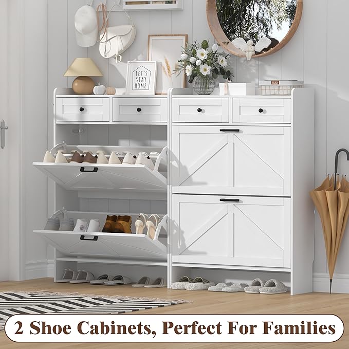Shoe Cabinet with 2 Flip Drawers & 2 Storage Drawers, Rustic Farmhouse Narrow - Image 9