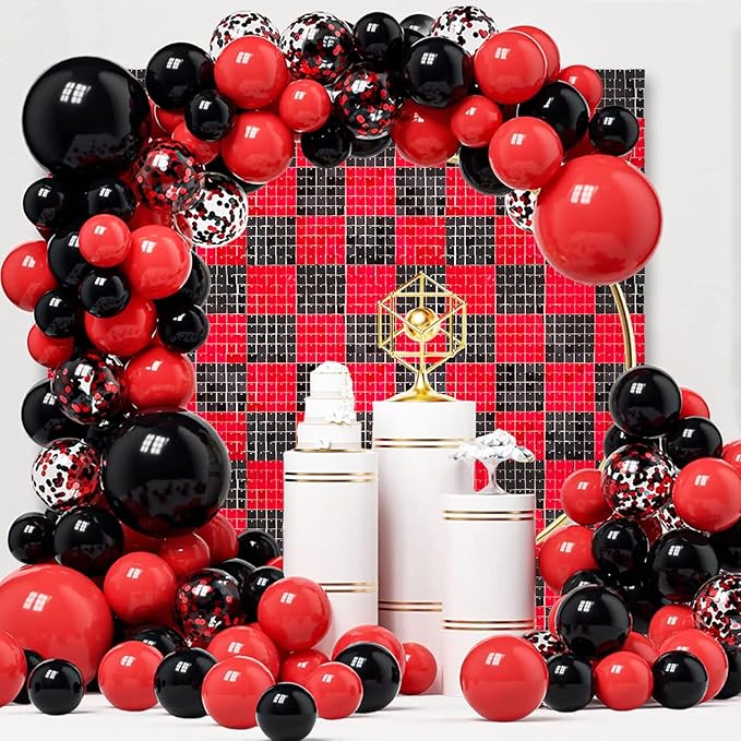 24PCS Black Red Shimmer Wall Backdrop, Square Sequin Photo Backdrops Panel, G...