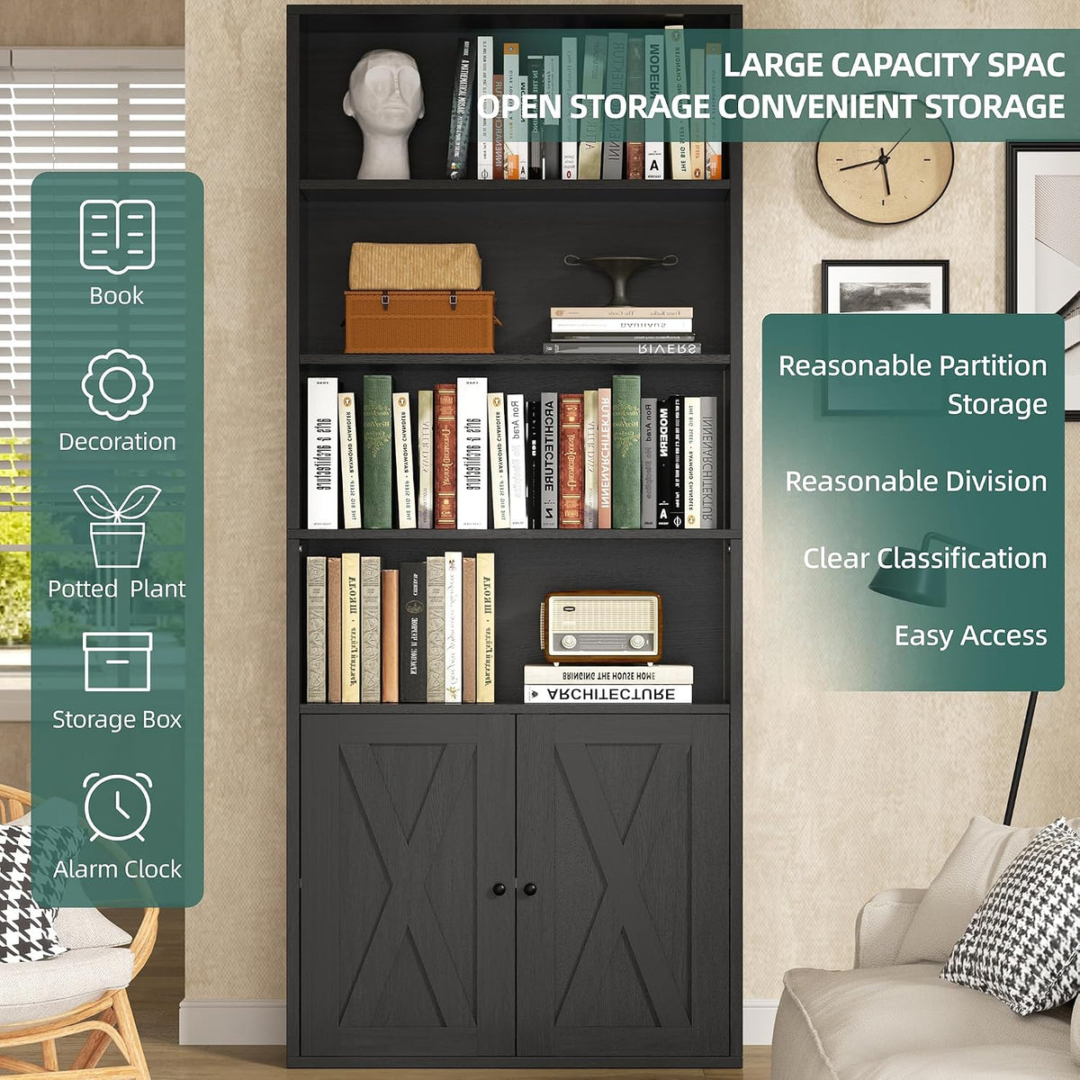 Shintenchi 6 Tier Bookshelf with Doors, Tall Standing Bookcase