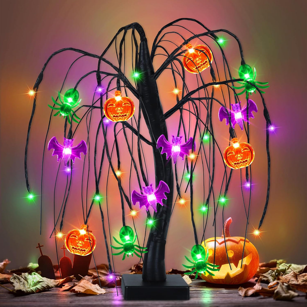 Halloween Table Decor 18 Inch 36 LED Halloween Willow Tree with Pumpkin Bat S...