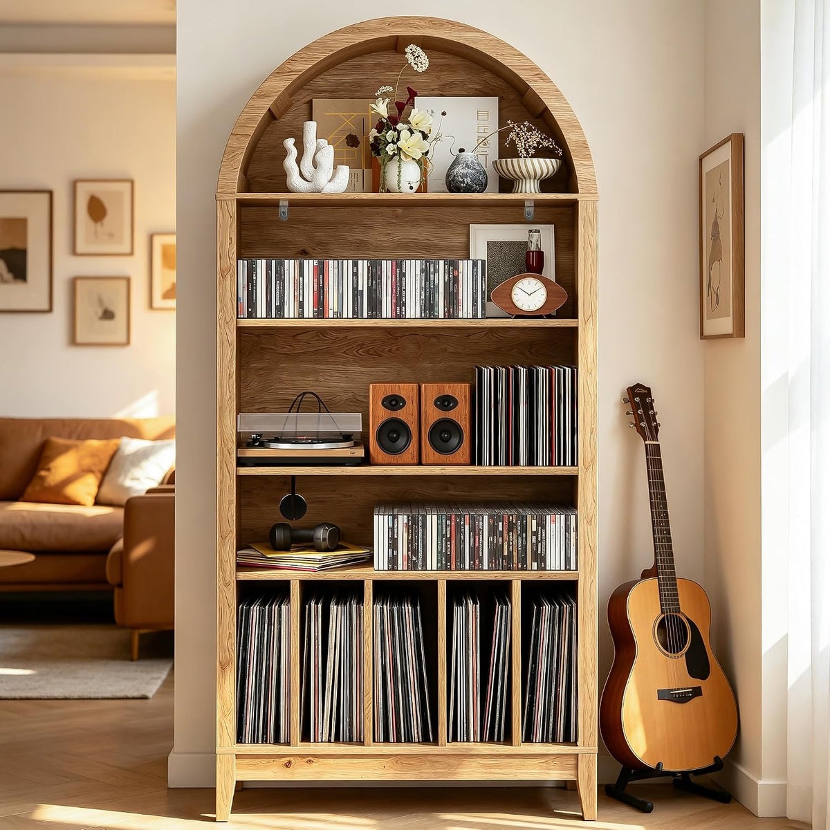 Large Record Player Stand Holds 350+ Albums, 5 Tier Arched Bookshelf Vinyl Re...