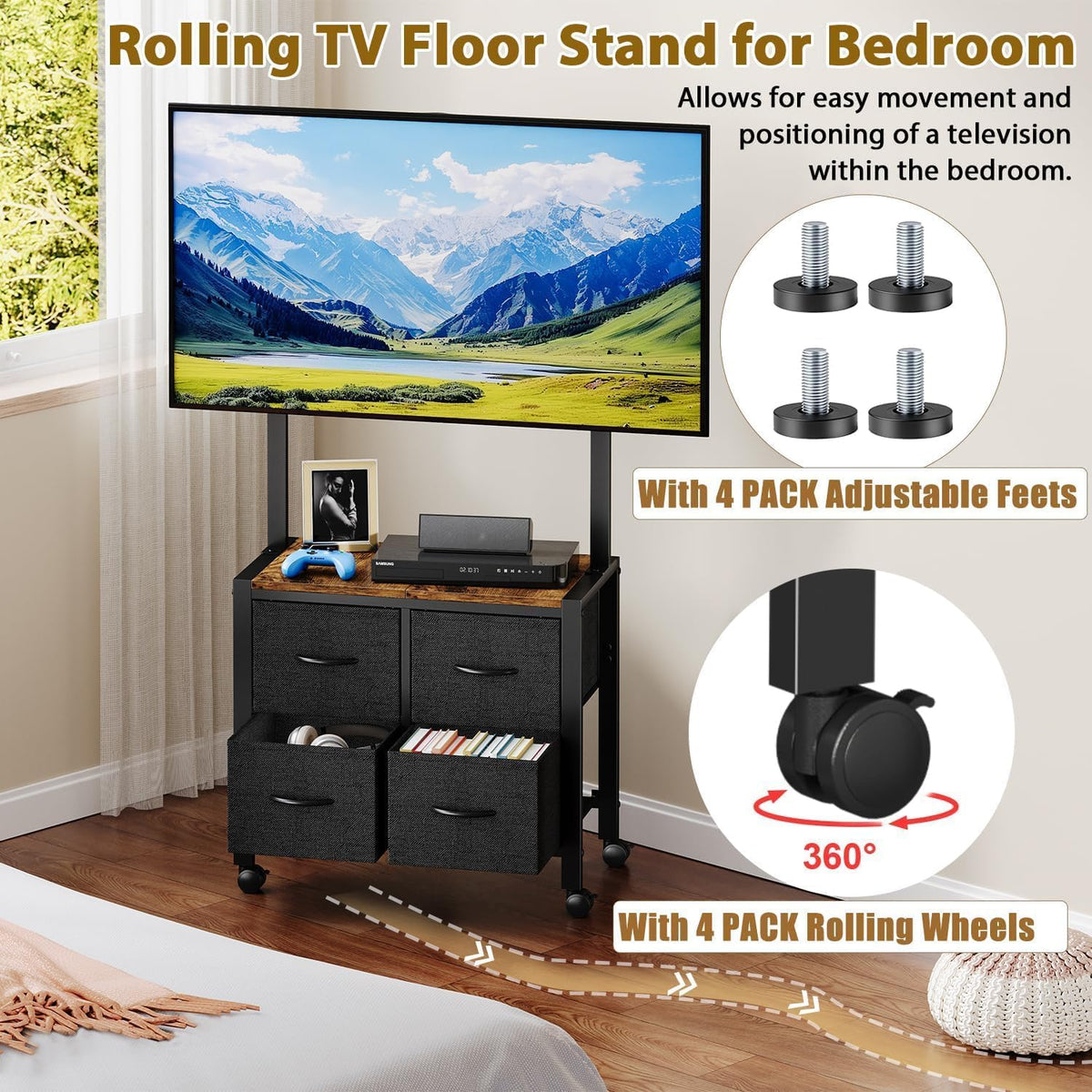 Cottage Charm Mobile TV Cart Rolling TV Stand Holder with 4 Drawer, for 23-60...