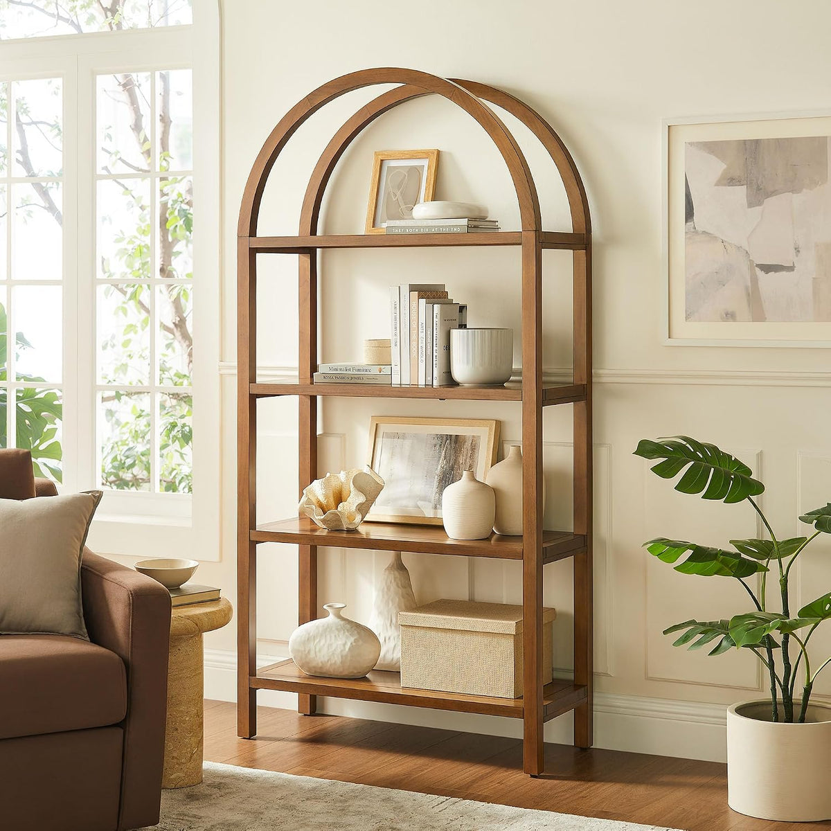 Modway Vexley 72 Inch Large Arched Bookshelf in Walnut โ Modern Pine and Acac...