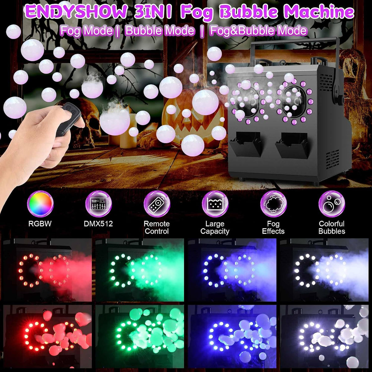 Fog Bubble Machine,1500W 3IN1 Smoke Bubble Machine with 24LEDs RGBW 4IN1 Ligh...