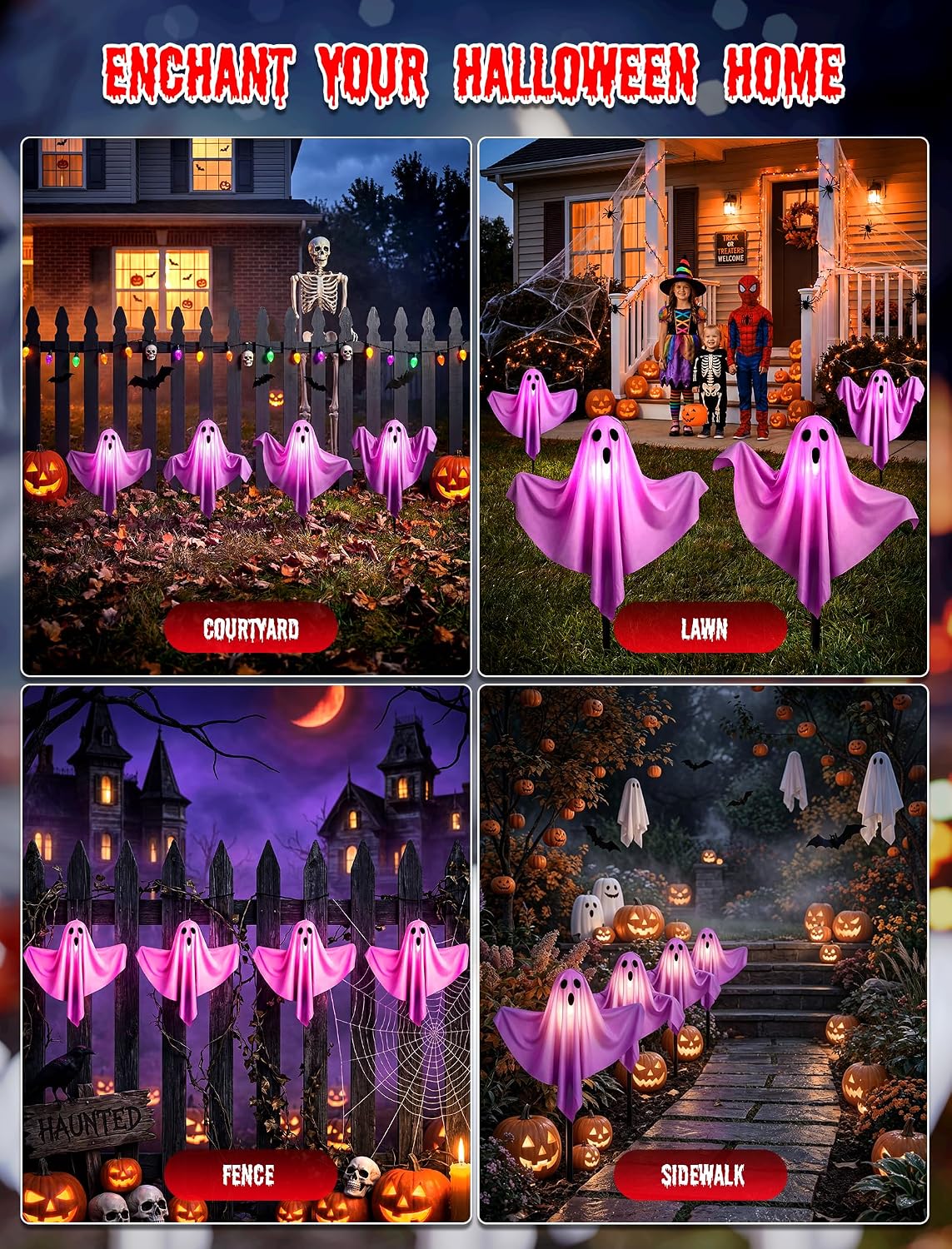 11.5FT Halloween Ghost Pathway Lights Outdoor, 4 Pack Purple Ghost Decor