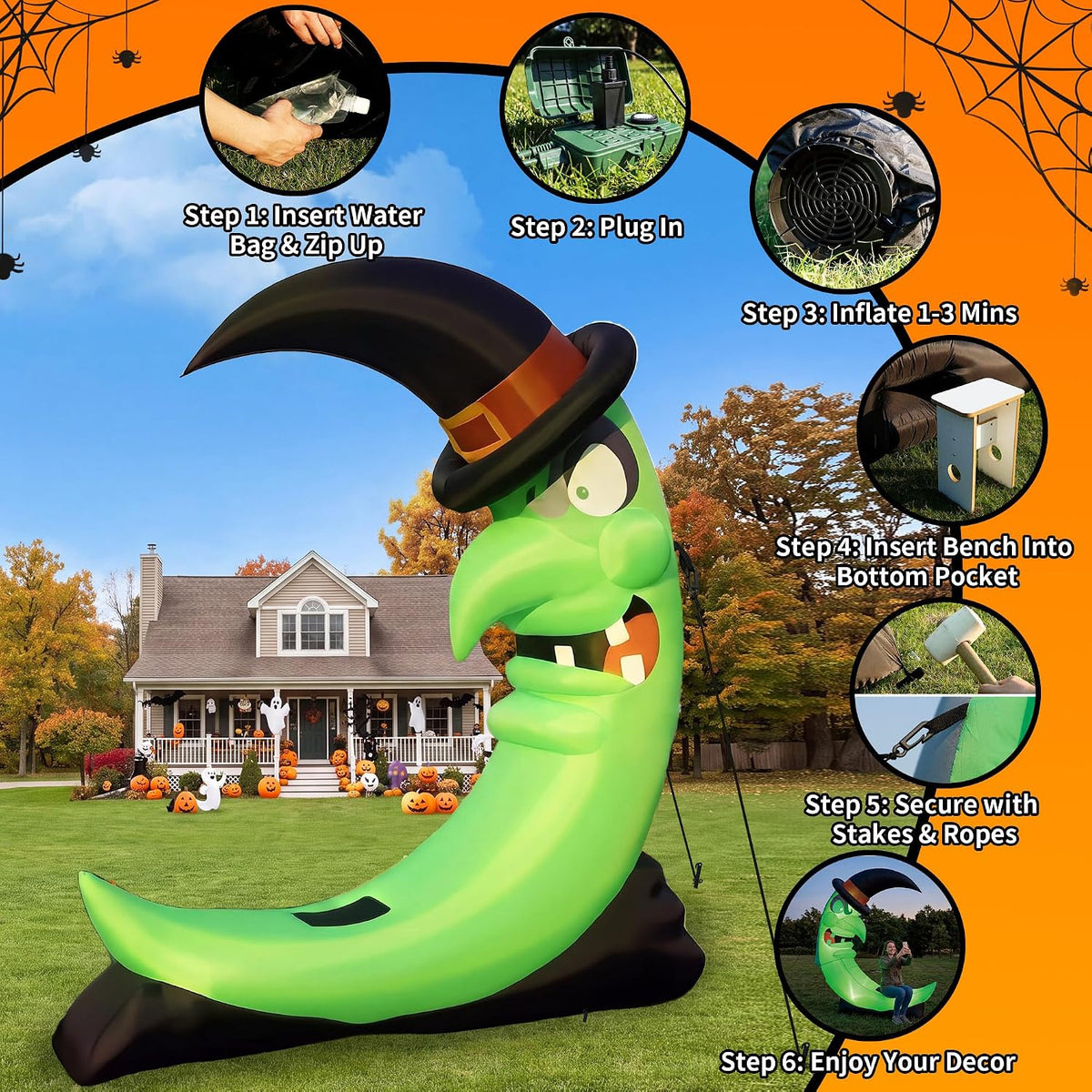Giant Green 8.9 FT Halloween Inflatables Witch Moon Outdoor Decorations