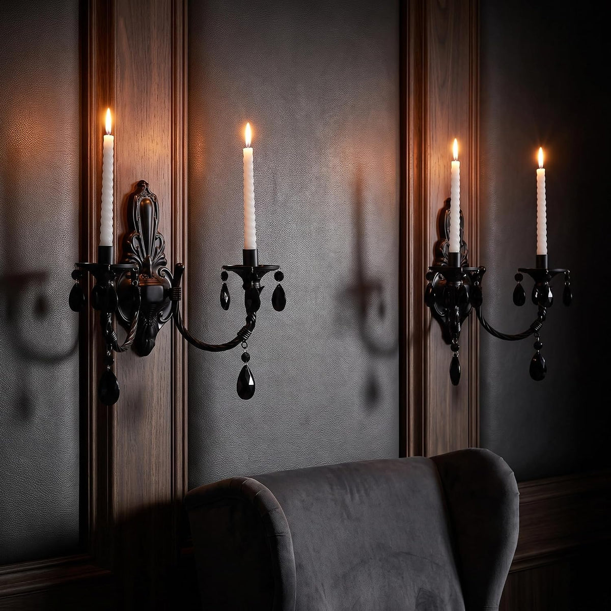 Black Iron Candle Sconces Gothic Wall Candle Holder Set of 2, Handcrafted Wro...