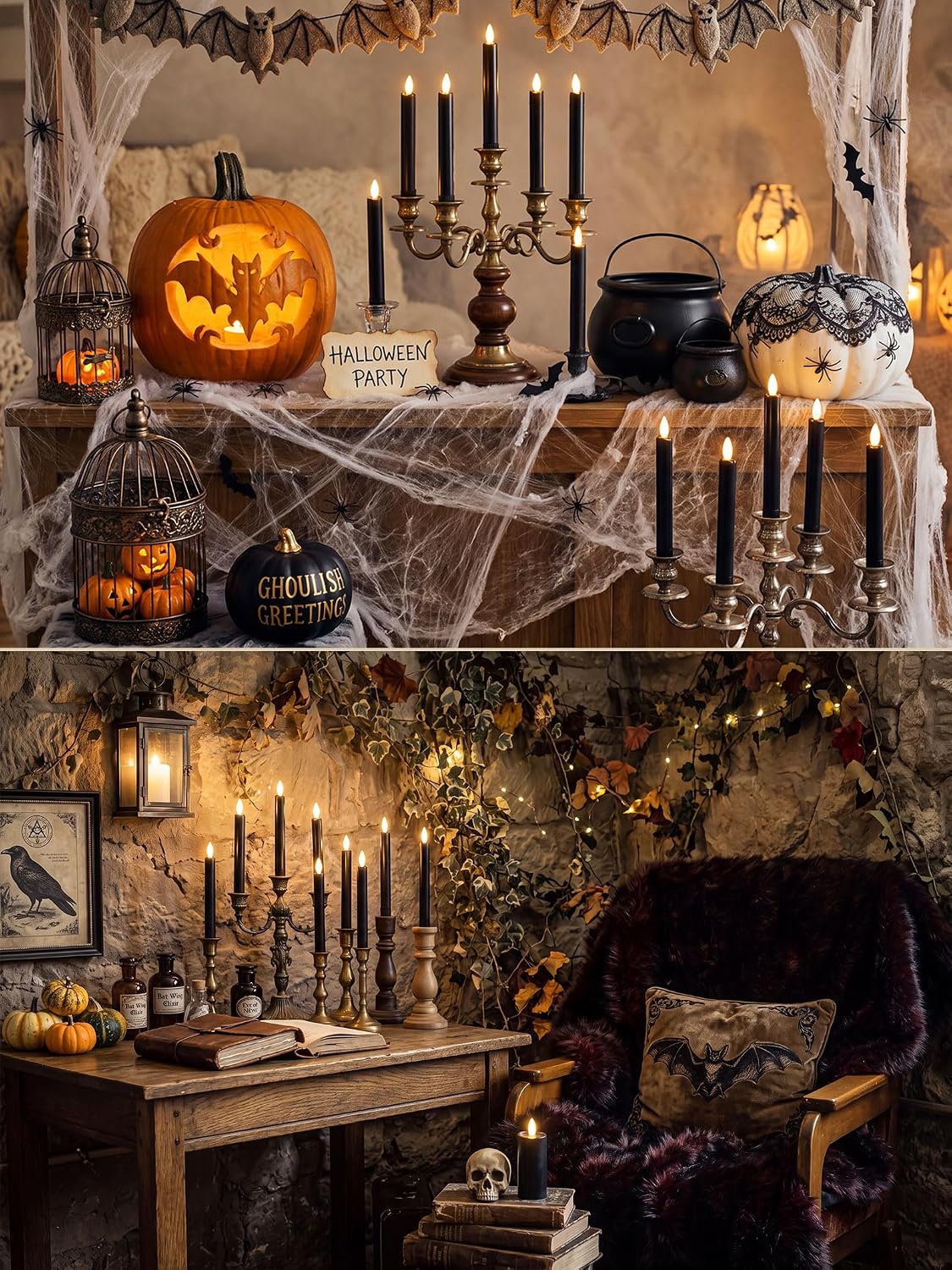 Funtery 24 Pcs Halloween Black Flameless Taper Candles with Remote Timer