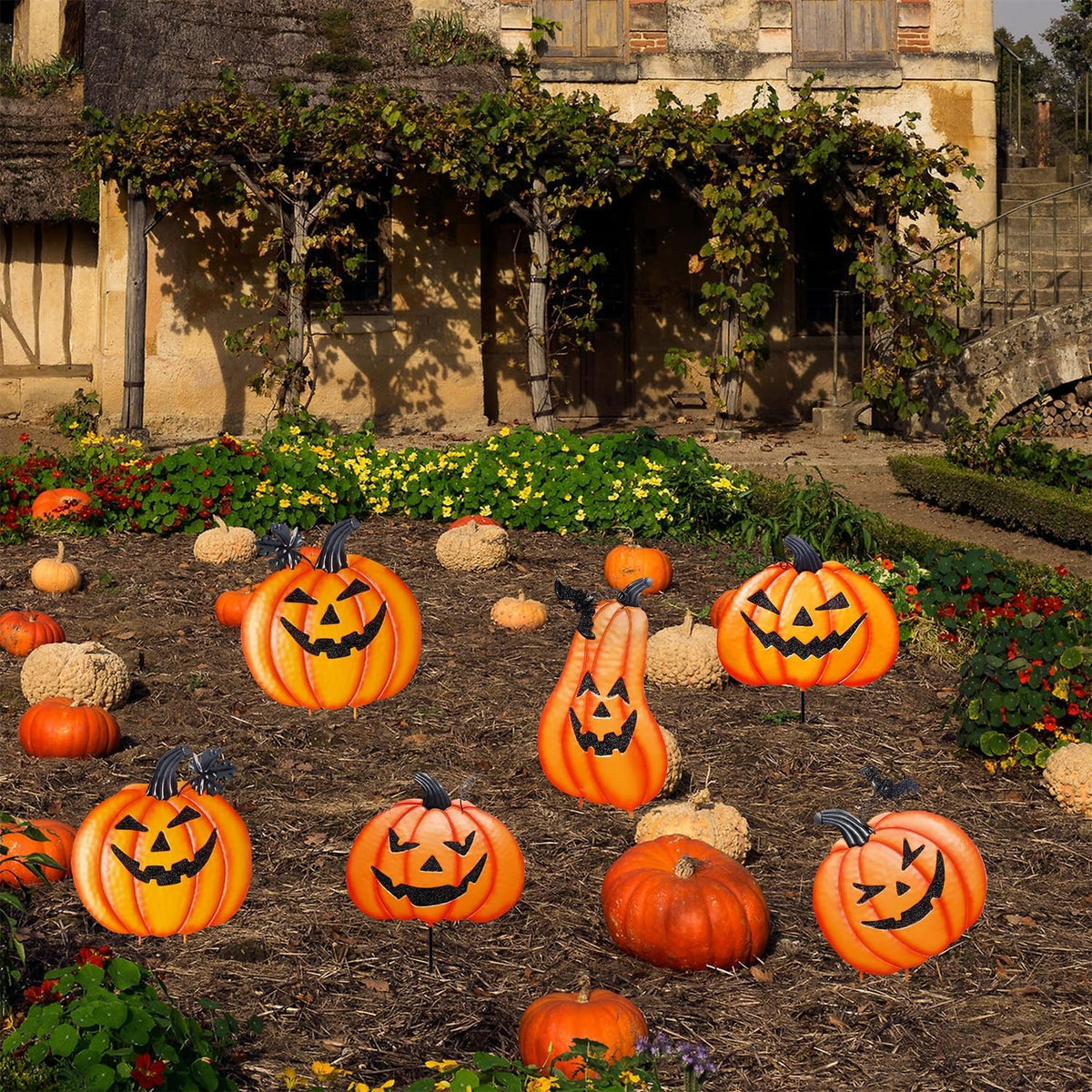 Juegoal 2 Pack Halloween Garden Stakes, Stacked Metal Pumpkins Jack-o-Lantern...