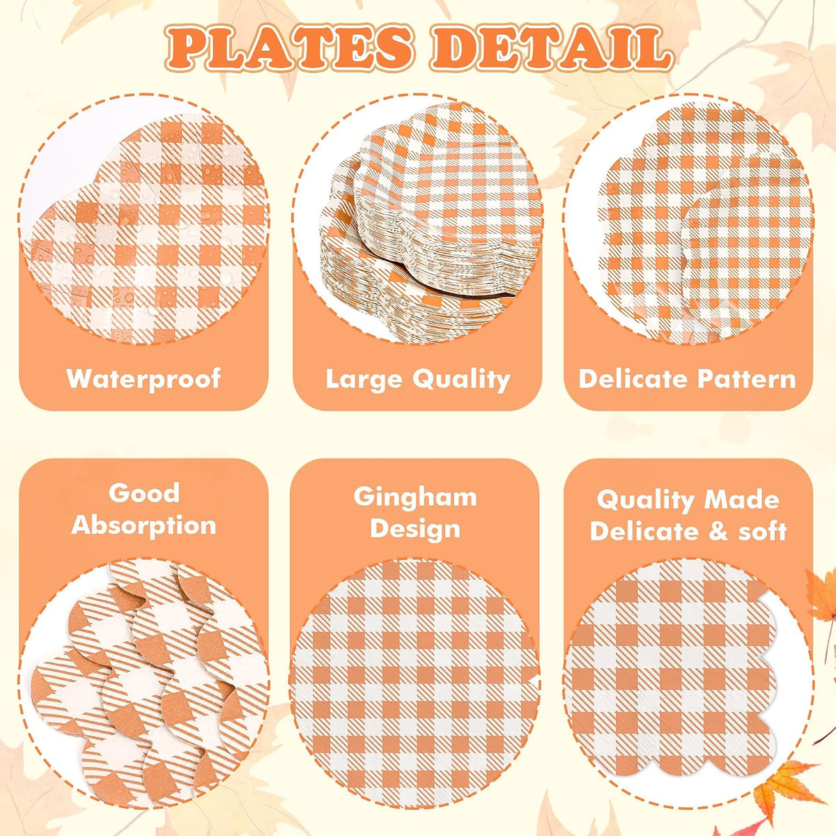 400 Pcs Orange Gingham Party Supplies for 50 Guests Orange and White Scallope...