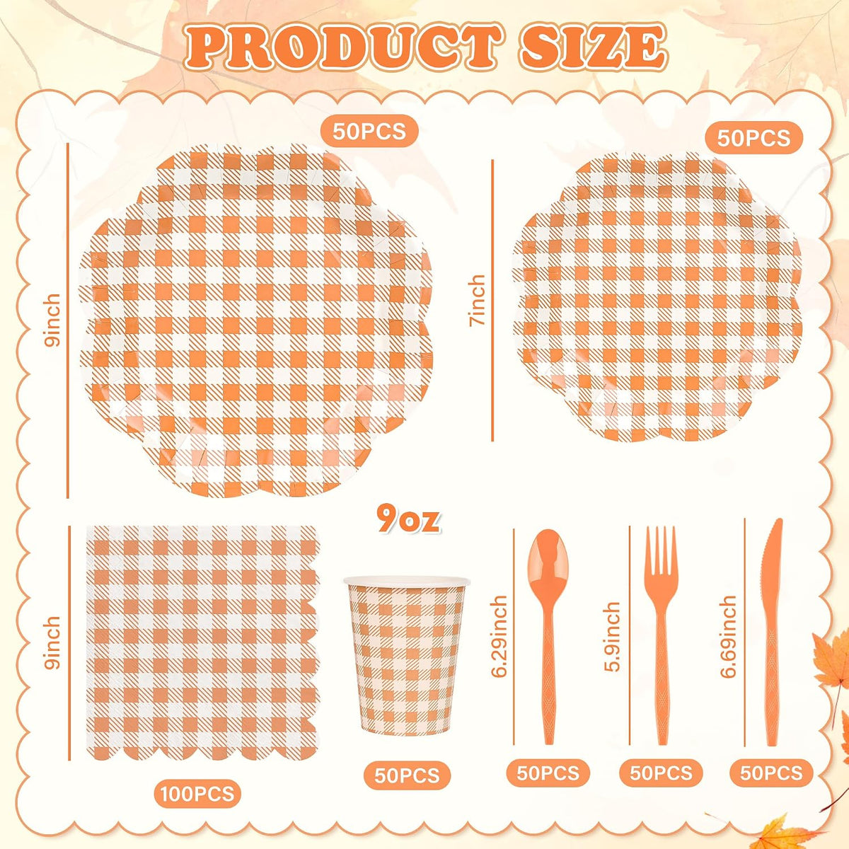 400 Pcs Orange Gingham Party Supplies for 50 Guests Orange and White Scallope...