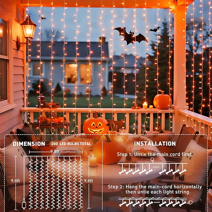 JMEXSUSS 300LED Orange Halloween Lights with Remote, 9.8x9.8ft Halloween Curt...