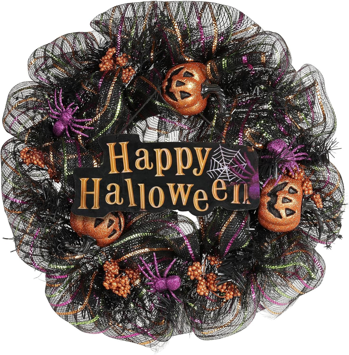 24 inch Wreath, Halloween Wreath for Front Door, Halloween Spider Decor Pumpk...