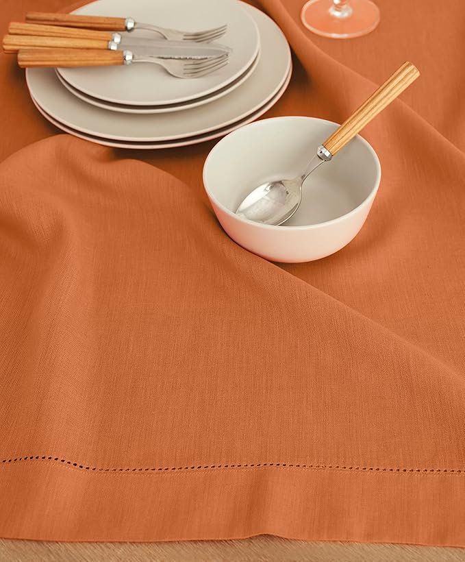 Solino Home Linen Square Tablecloth 52 x 52 Inch - 100% Pure Linen Pumpkin Ta...