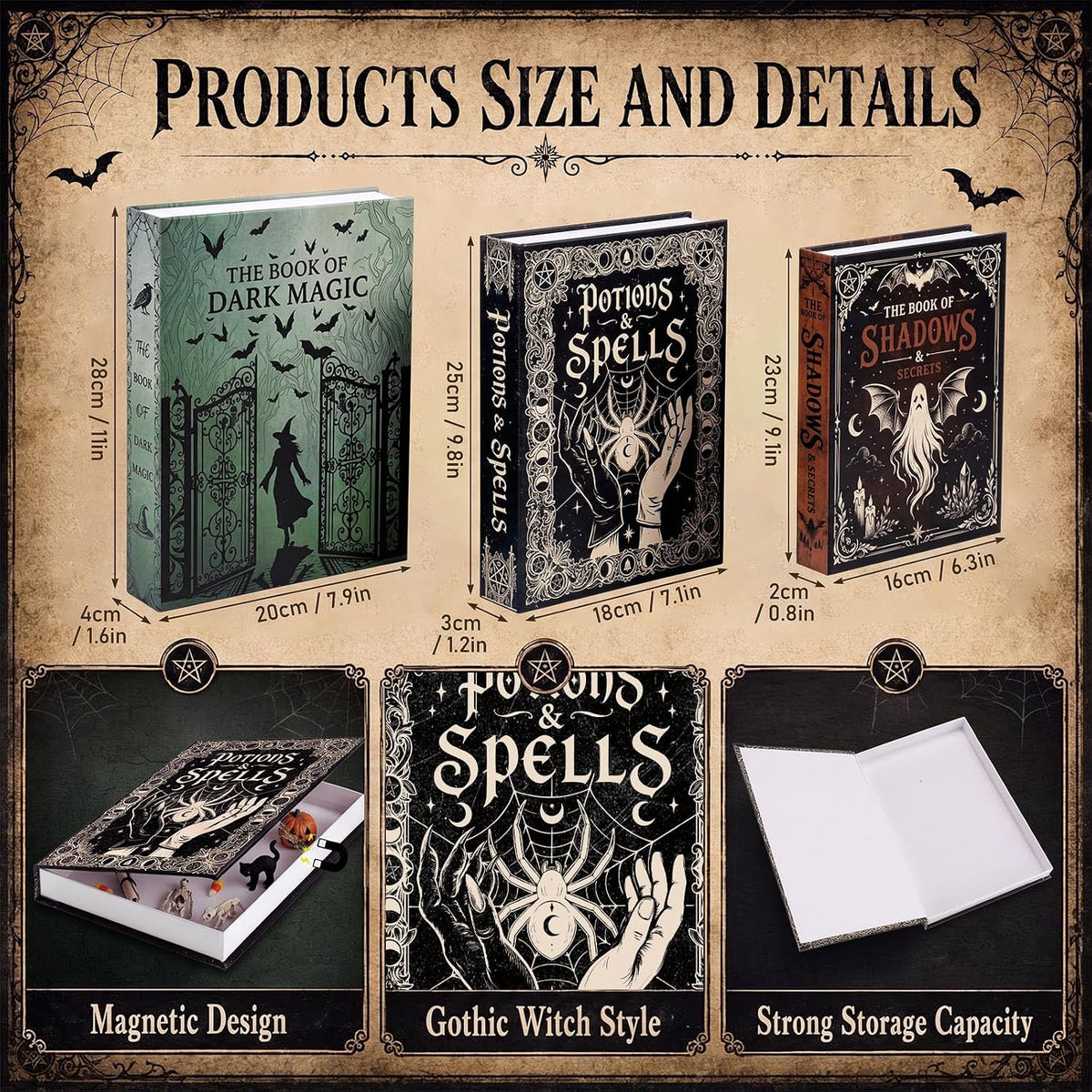 3 Pcs Halloween Decorative Book Boxes, Gothic Spellbook Faux Book