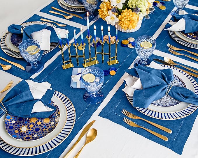 Solino Home Linen Indigo Blue Hemstitch Table Runner 60 Inches - 100% Pure Li...