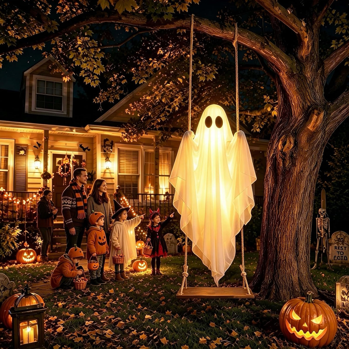 Halloween Decorations Outdoor โ Hanging Swing Ghost 4-8FT, Remote Light Up