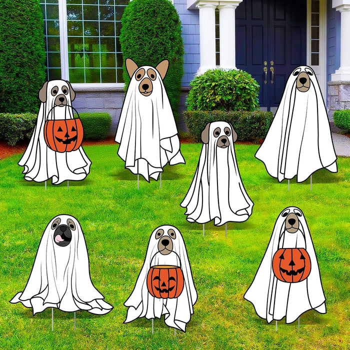 Nuanchu 7 Pcs Halloween Ghost Dog Yard Signs Outdoor Decorations