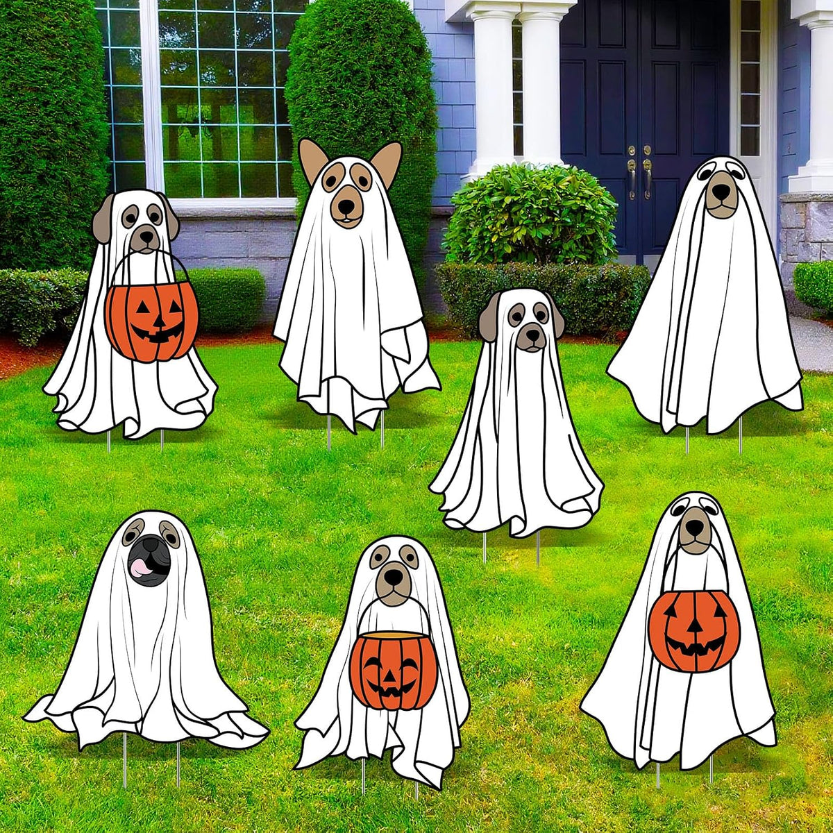 Nuanchu 7 Pcs Halloween Ghost Dog Yard Signs Outdoor Decorations