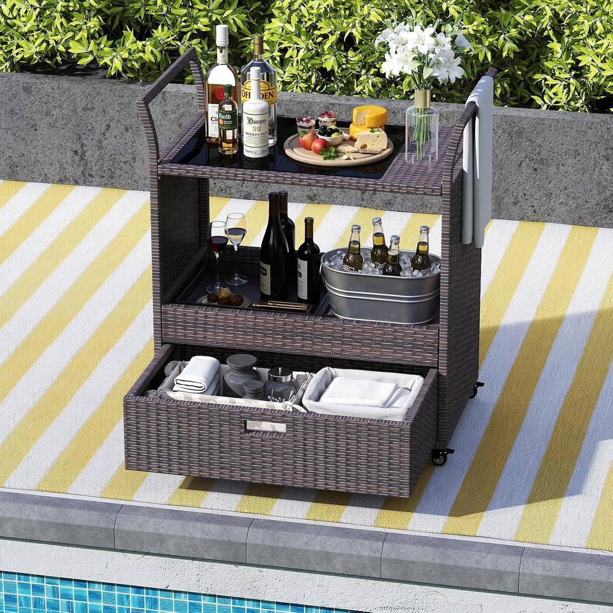 Tangkula Rolling Rattan Bar Cart,Bar Counter Table with Tempered Glass Top