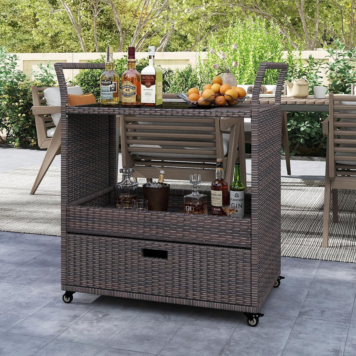 Tangkula Rolling Rattan Bar Cart,Bar Counter Table with Tempered Glass Top
