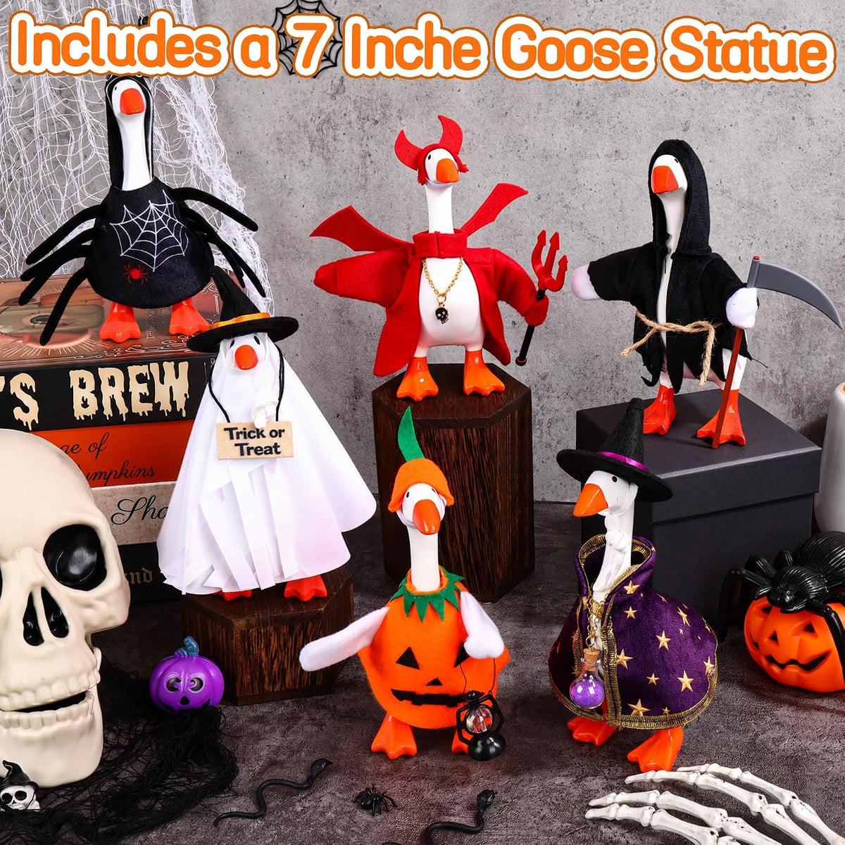 7 Inch Mini Desk Goose Statue with 6 Sets Halloween Outfits