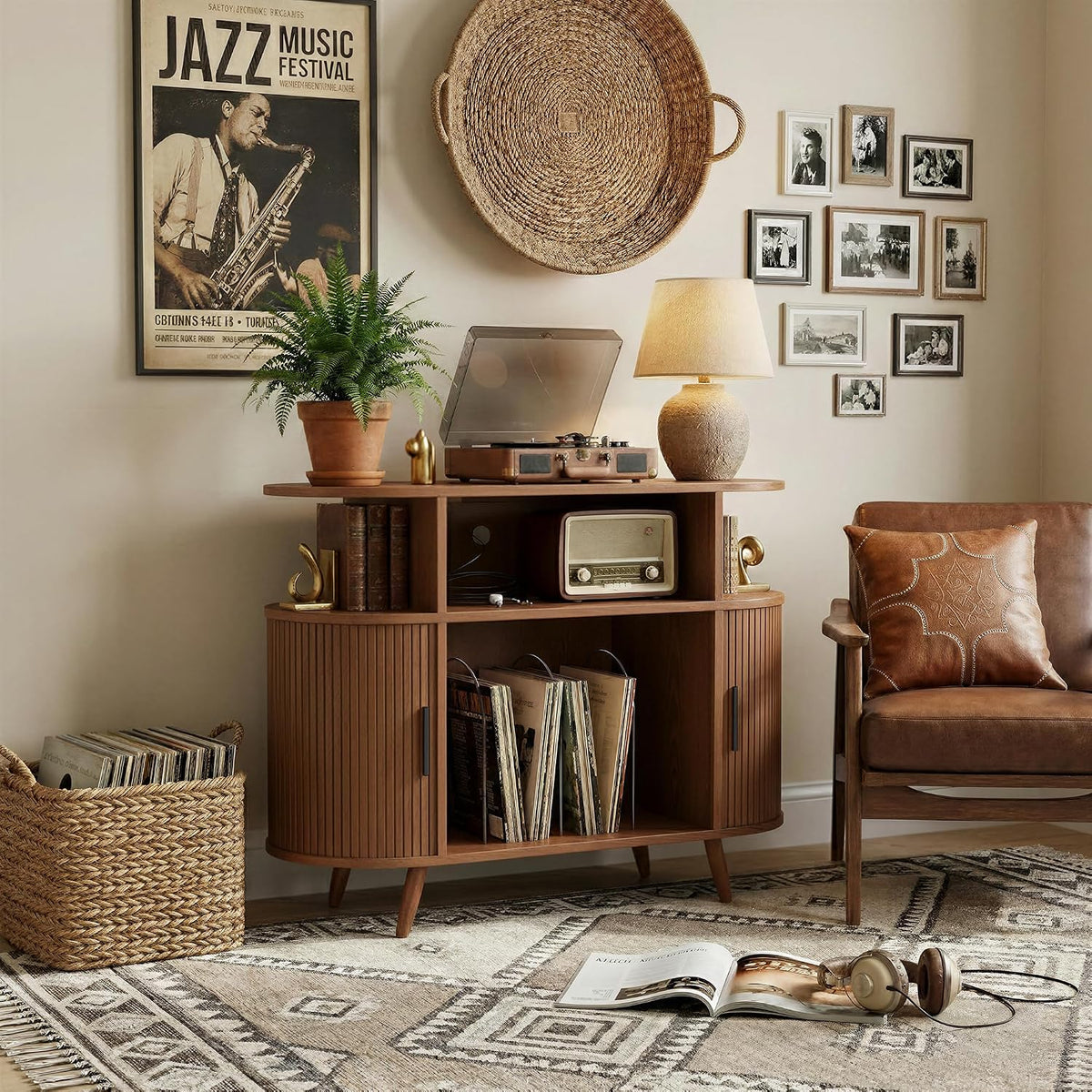35" Record Player Stand with Storage, Media Stereo Shelf Charging, Walnut