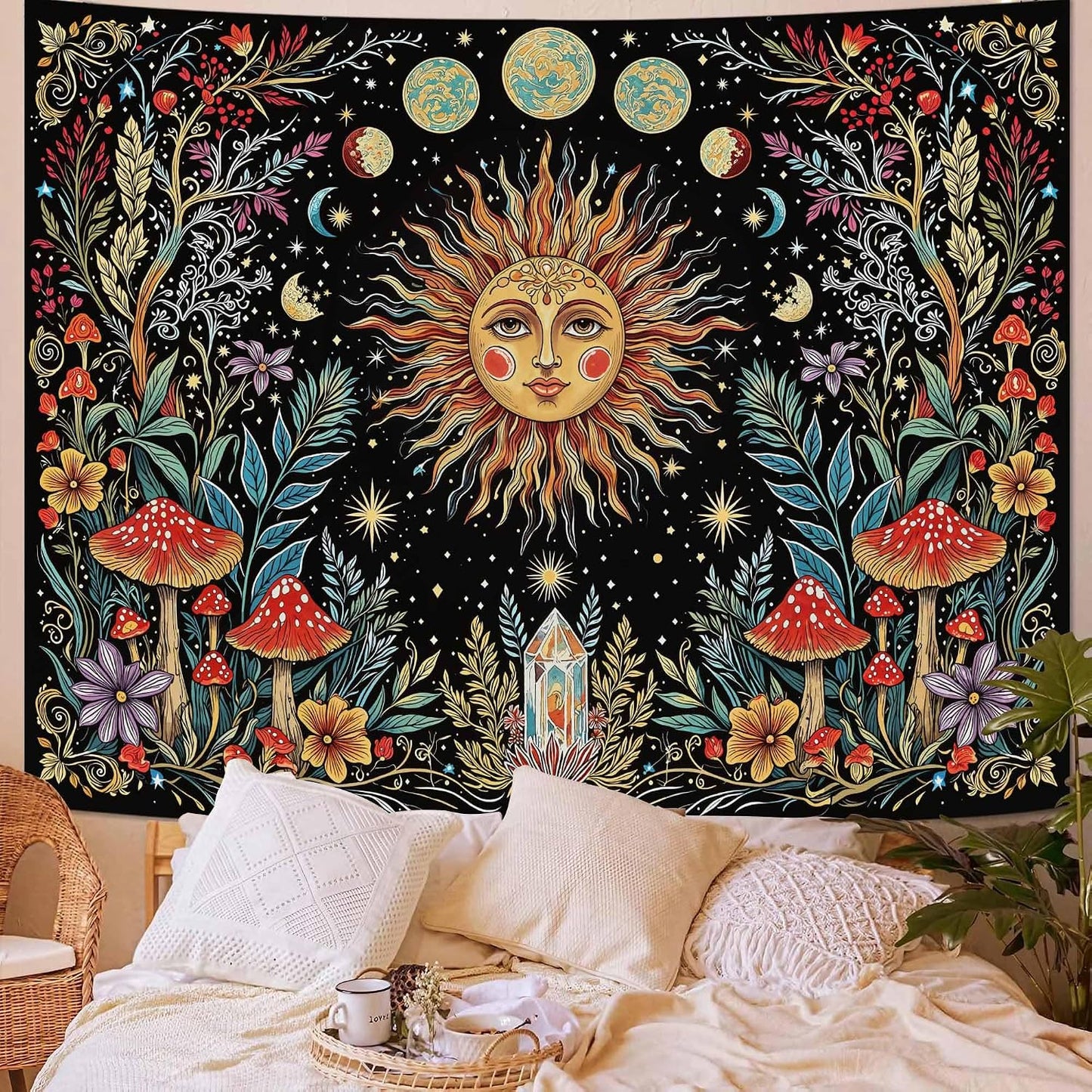Accnicc Boho Sun and Moon Tapestry Hippie Mushroom Floral Wall Tapestry for Bedroom Aesthetic Vintage Plant Celestial Spiritual Small Tapestries Wall Hanging for Dorm Living Room Decor 48 x 36 Inch