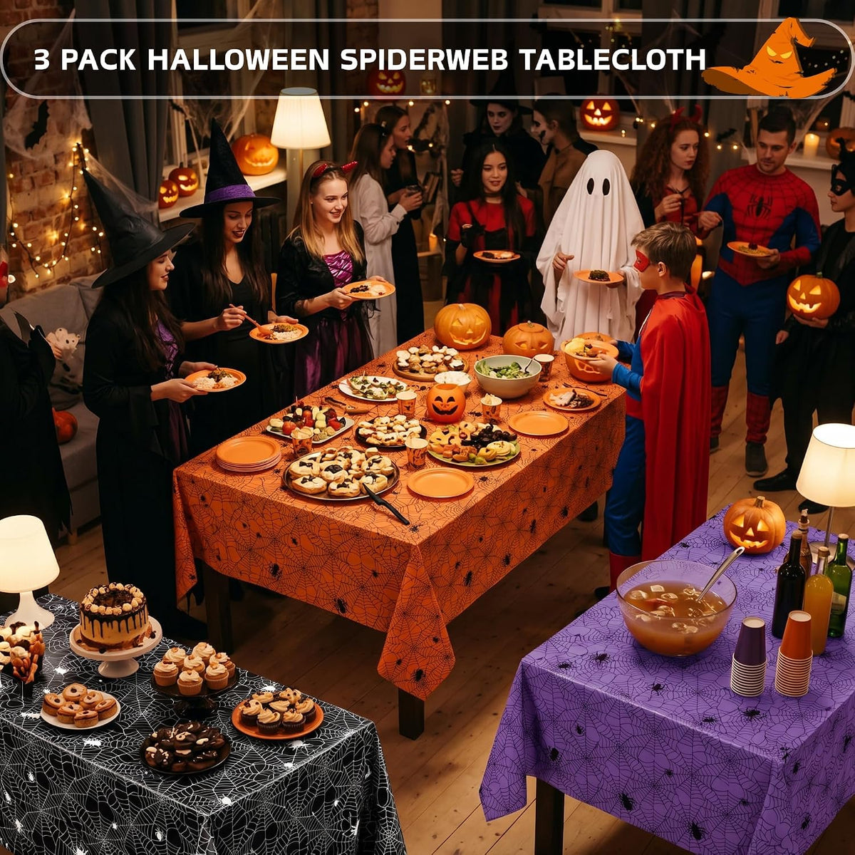 3 Rolls 100FT x 54IN Halloween Spiderweb Plastic Tablecloth with Cutter Box